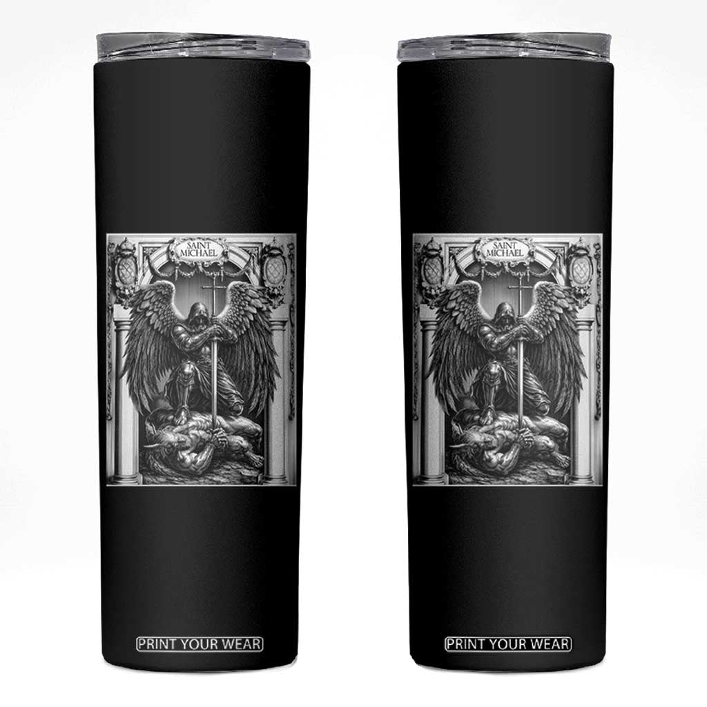 Saint Michael The Archangel Defeating Satan Skinny Tumbler Christian Faith Gift TS12 Black Print Your Wear