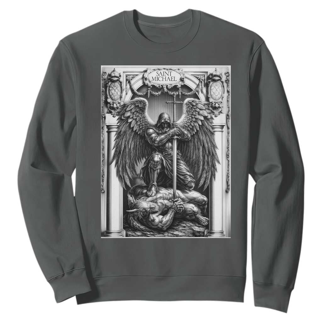 Saint Michael The Archangel Defeating Satan Sweatshirt Christian Faith Gift TS12 Dark Heather Print Your Wear