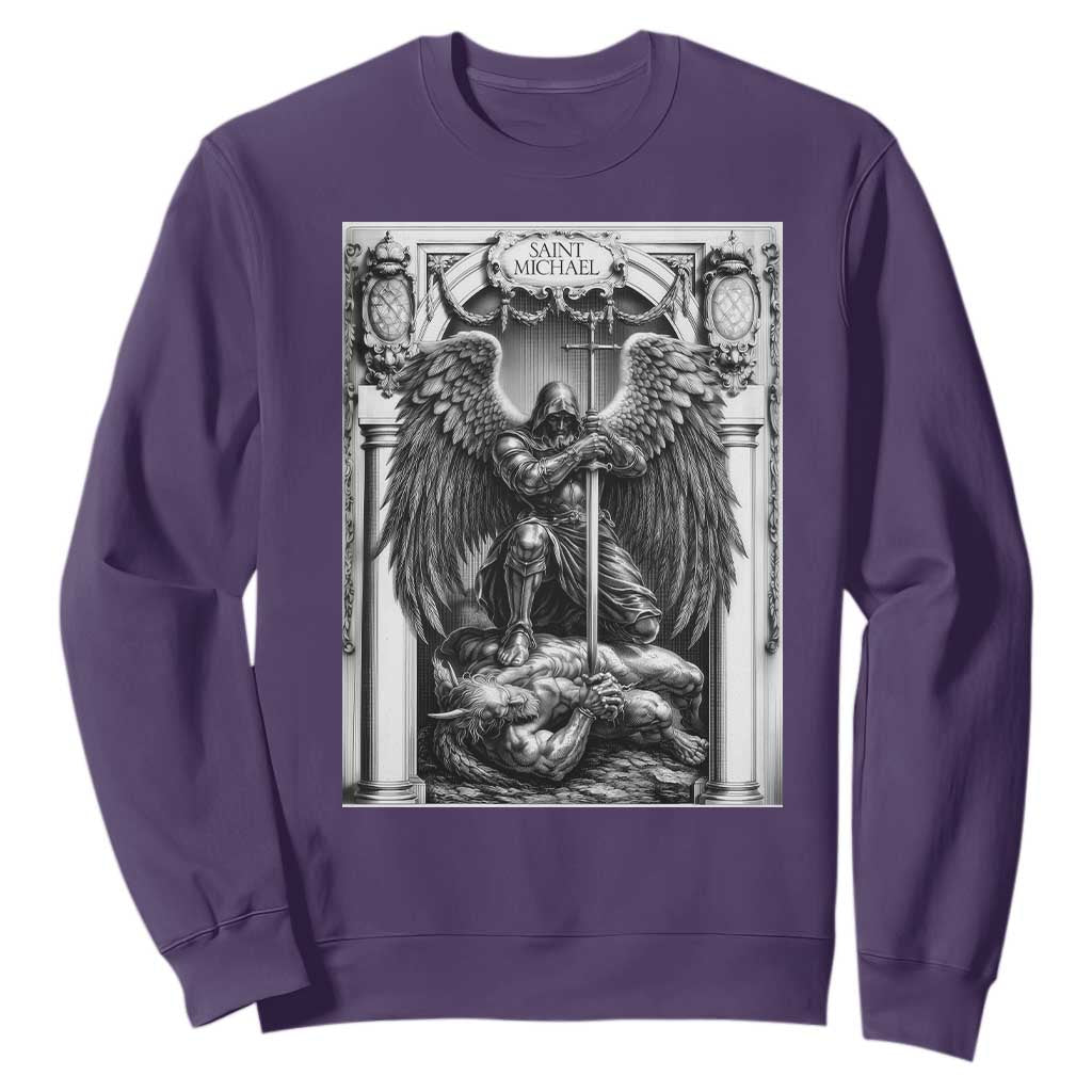 Saint Michael The Archangel Defeating Satan Sweatshirt Christian Faith Gift TS12 Purple Print Your Wear