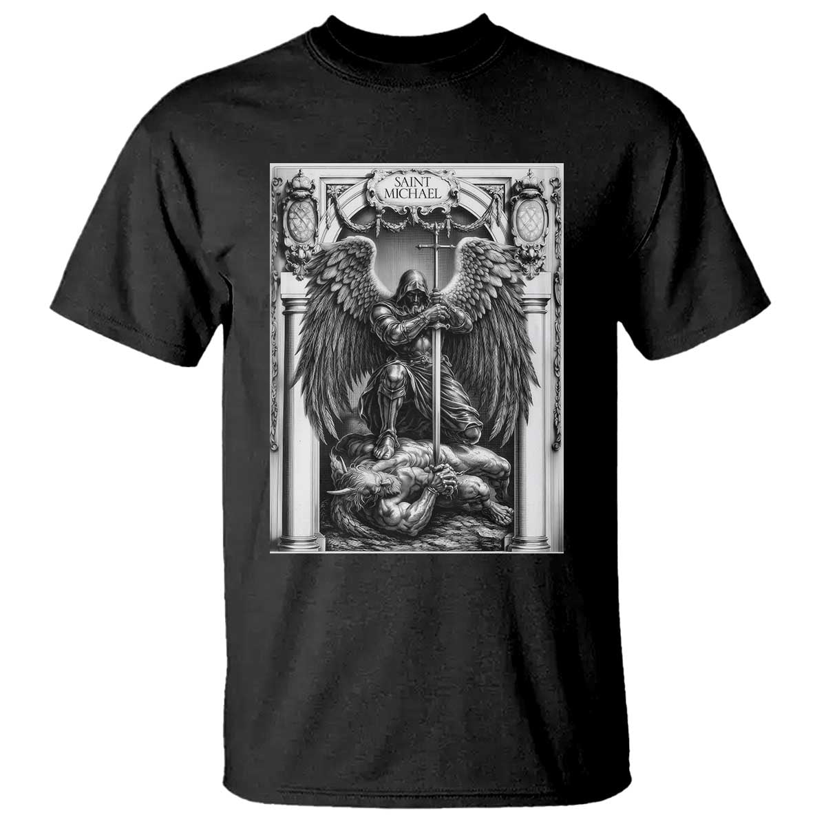 Saint Michael The Archangel Defeating Satan T Shirt Christian Faith Gift TS12 Black Print Your Wear