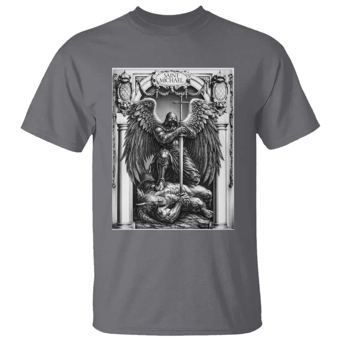 Saint Michael The Archangel Defeating Satan T Shirt Christian Faith Gift TS12 Charcoal Print Your Wear