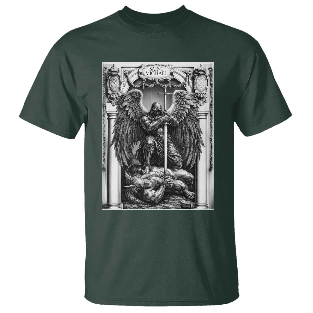 Saint Michael The Archangel Defeating Satan T Shirt Christian Faith Gift TS12 Dark Forest Green Print Your Wear