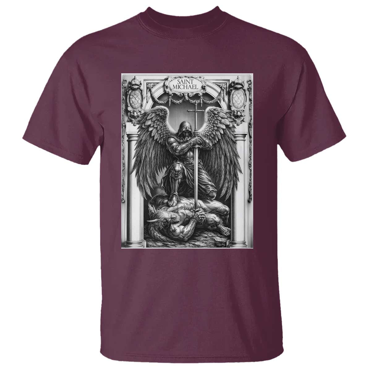 Saint Michael The Archangel Defeating Satan T Shirt Christian Faith Gift TS12 Maroon Print Your Wear