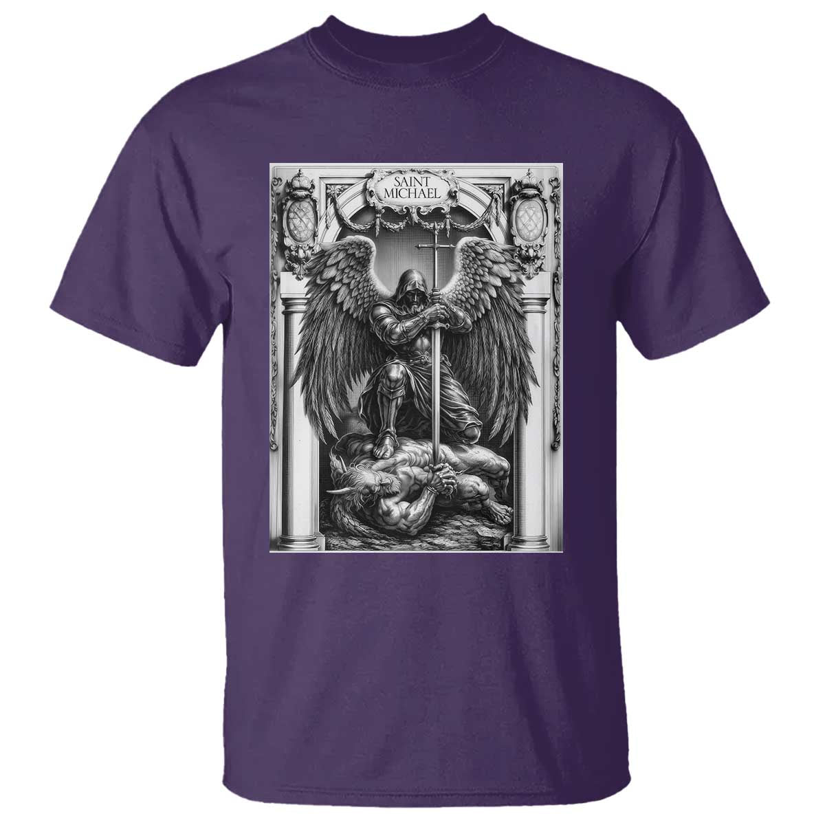 Saint Michael The Archangel Defeating Satan T Shirt Christian Faith Gift TS12 Purple Print Your Wear