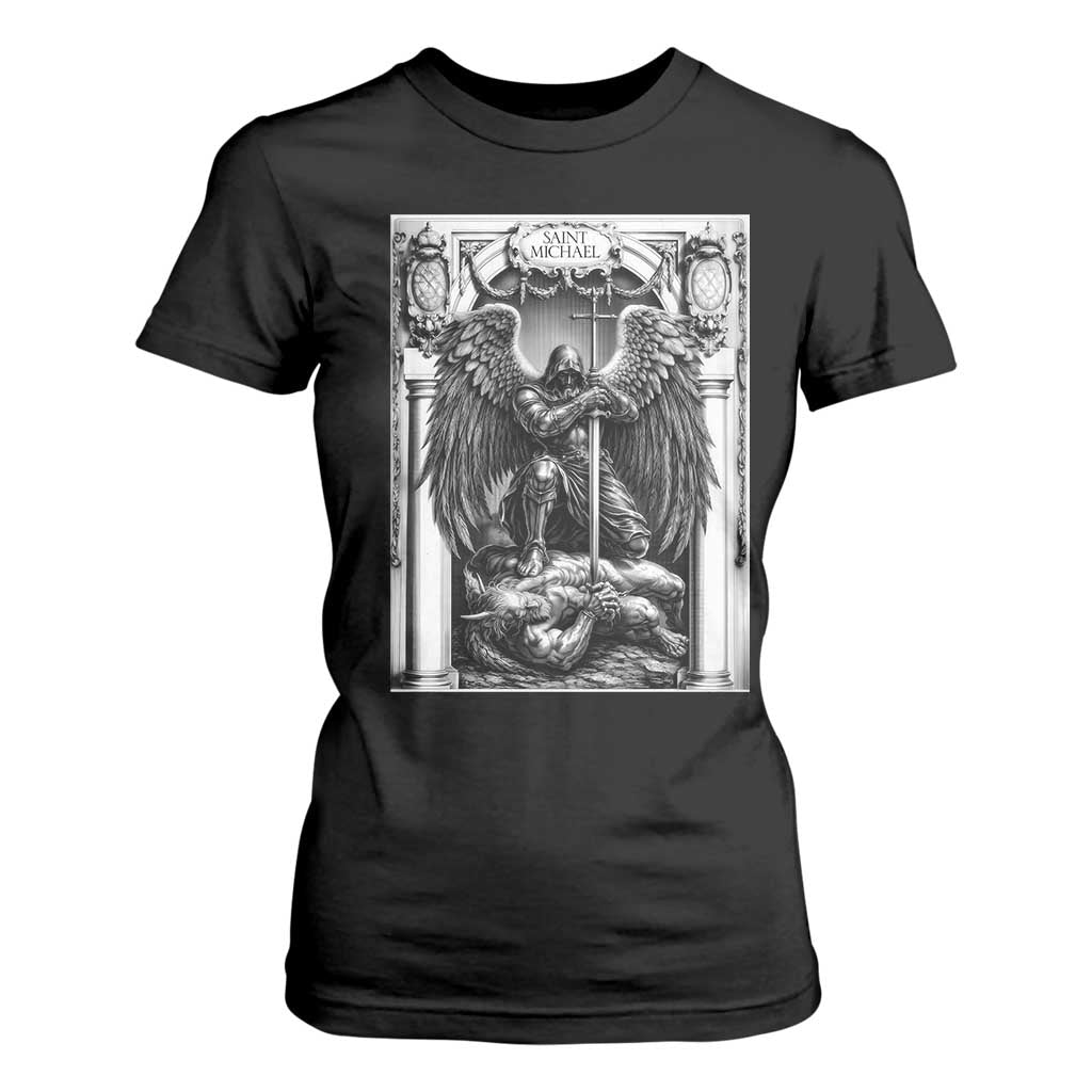 Saint Michael The Archangel Defeating Satan T Shirt For Women Christian Faith Gift TS12 Black Print Your Wear
