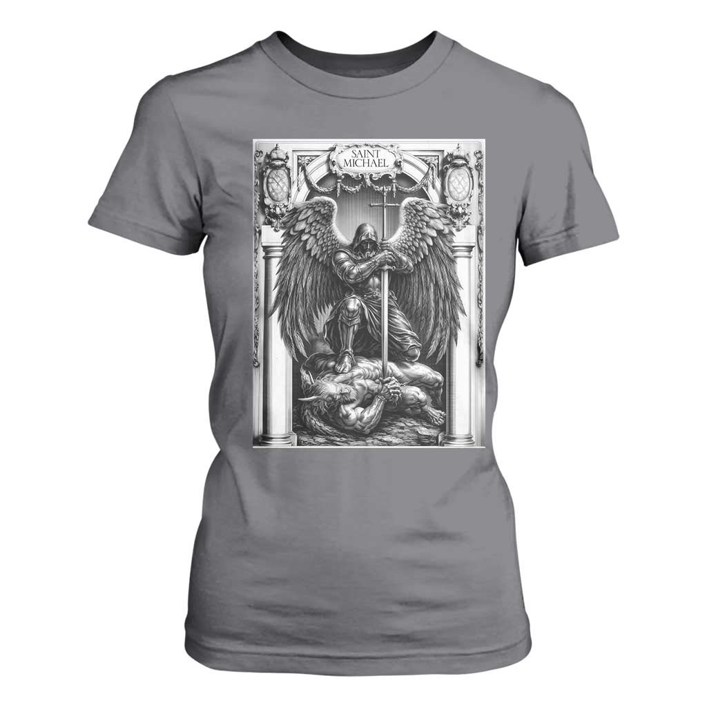 Saint Michael The Archangel Defeating Satan T Shirt For Women Christian Faith Gift TS12 Charcoal Print Your Wear