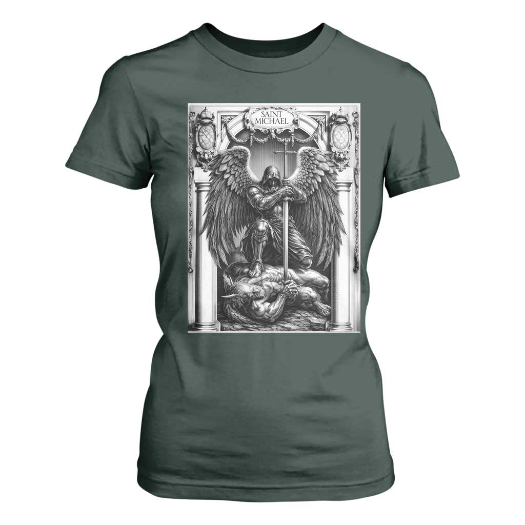 Saint Michael The Archangel Defeating Satan T Shirt For Women Christian Faith Gift TS12 Dark Forest Green Print Your Wear