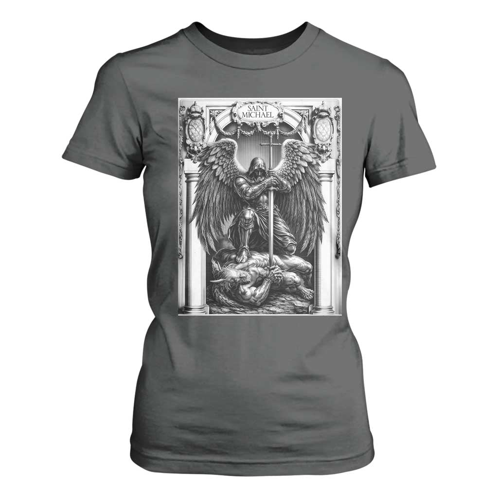 Saint Michael The Archangel Defeating Satan T Shirt For Women Christian Faith Gift TS12 Dark Heather Print Your Wear