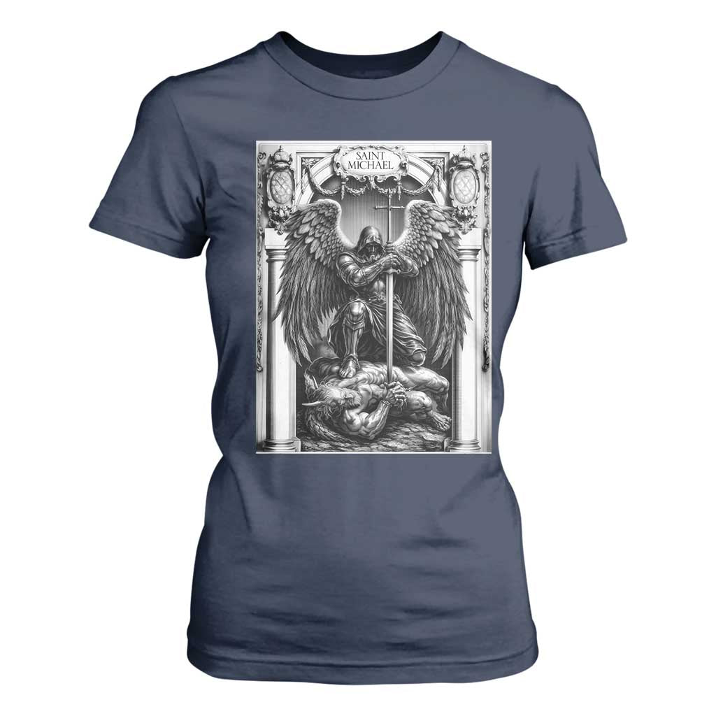 Saint Michael The Archangel Defeating Satan T Shirt For Women Christian Faith Gift TS12 Navy Print Your Wear