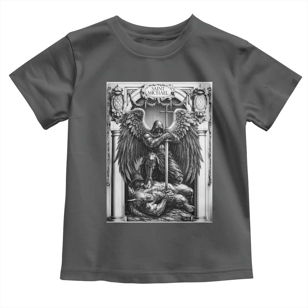 Saint Michael The Archangel Defeating Satan Toddler T Shirt Christian Faith Gift TS12 Dark Heather Print Your Wear