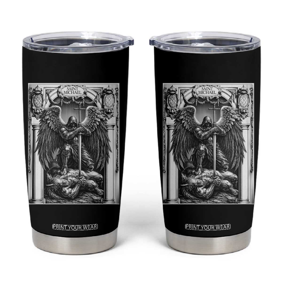 Saint Michael The Archangel Defeating Satan Tumbler Cup Christian Faith Gift TS12 Black Print Your Wear