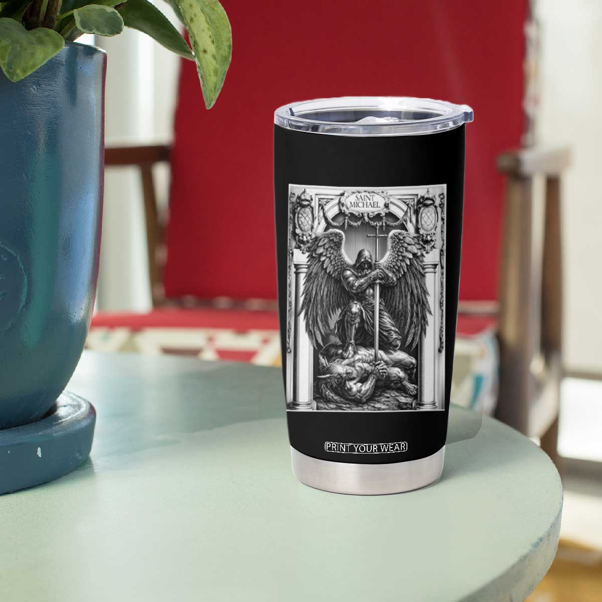 Saint Michael The Archangel Defeating Satan Tumbler Cup Christian Faith Gift TS12 Print Your Wear