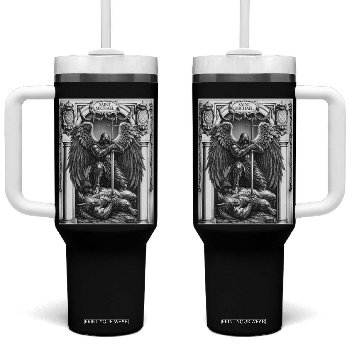 Saint Michael The Archangel Defeating Satan Tumbler With Handle Christian Faith Gift TS12 One Size: 40 oz Black Print Your Wear