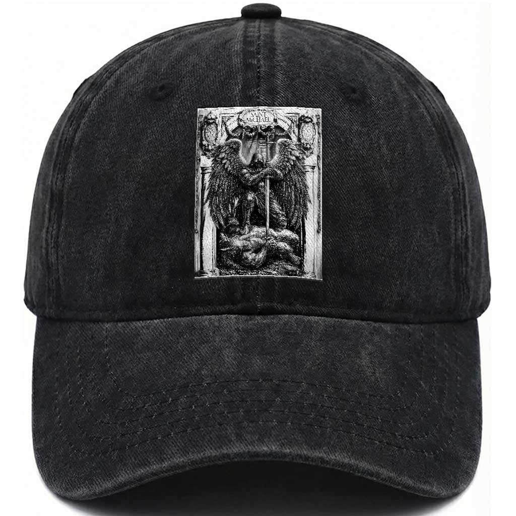 Saint Michael The Archangel Defeating Satan Washed Cotton Baseball Cap Christian Faith Gift TS12 Print Your Wear