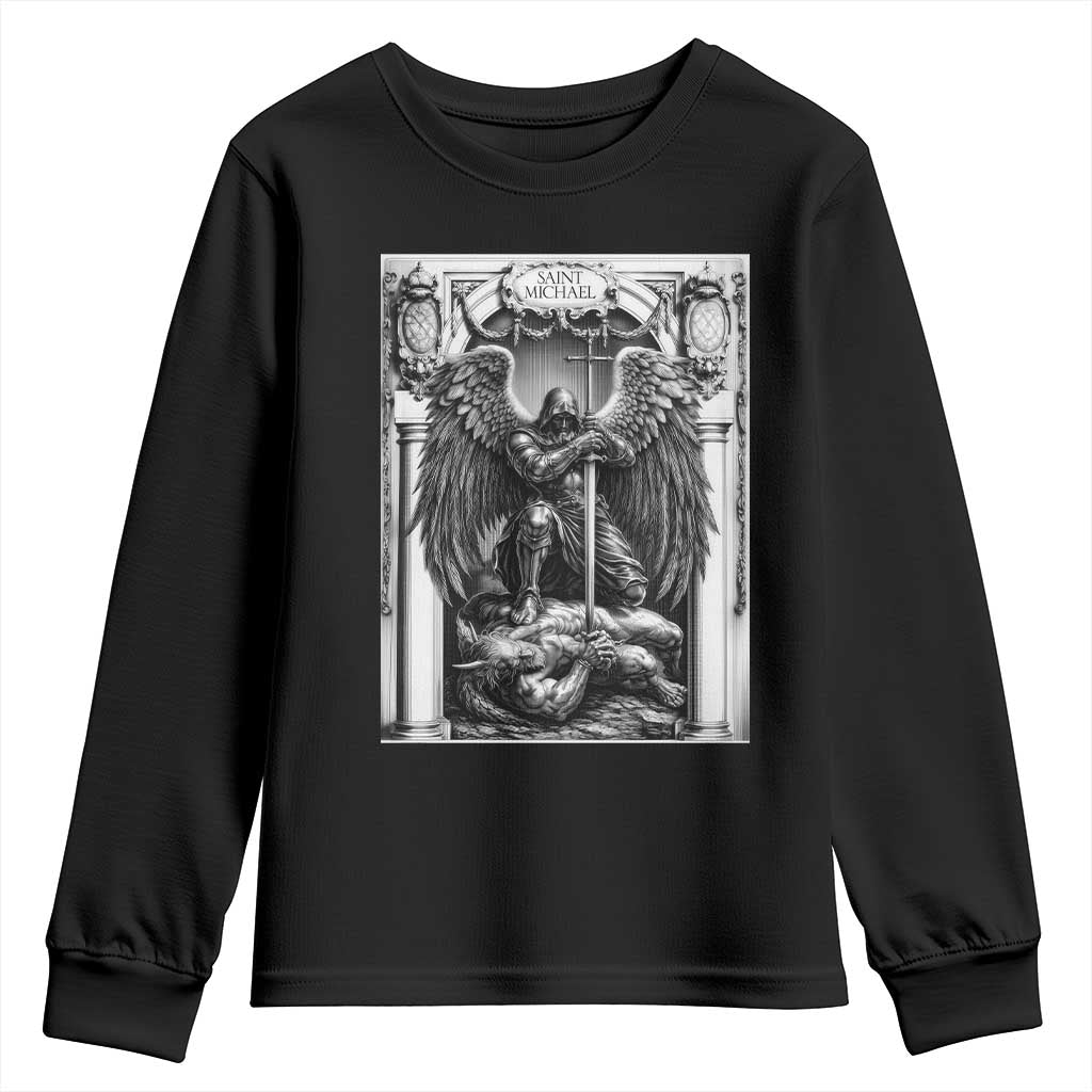 Saint Michael The Archangel Defeating Satan Youth Sweatshirt Christian Faith Gift TS12 Black Print Your Wear