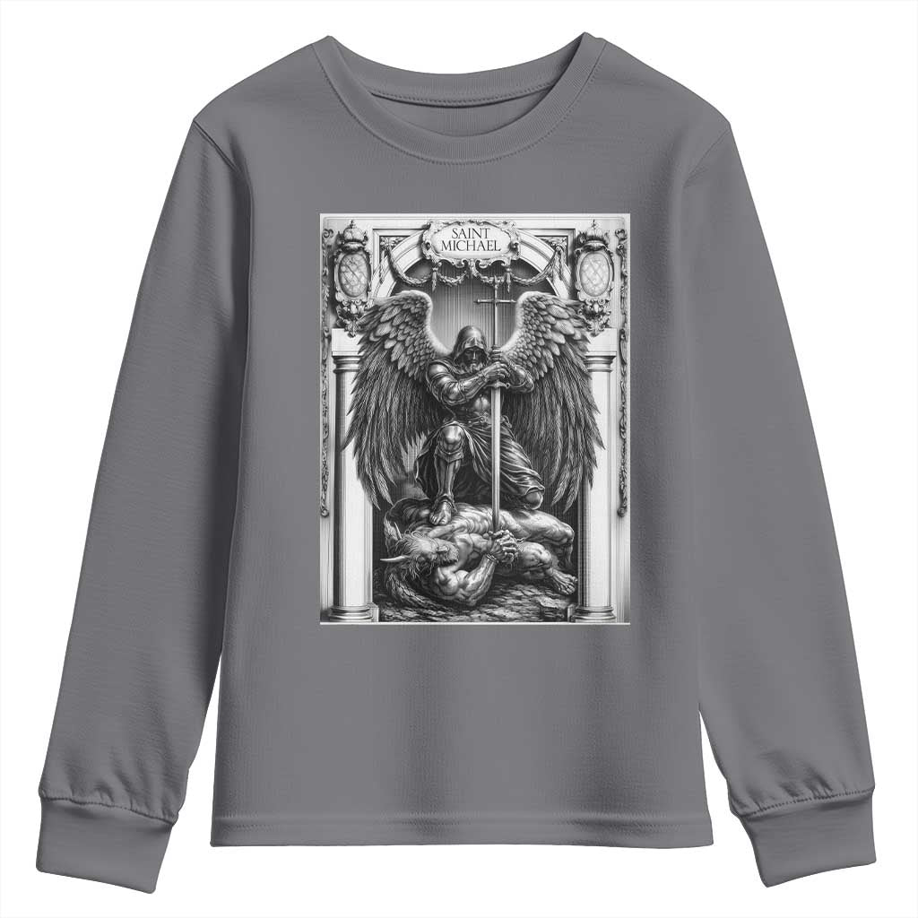 Saint Michael The Archangel Defeating Satan Youth Sweatshirt Christian Faith Gift TS12 Charcoal Print Your Wear