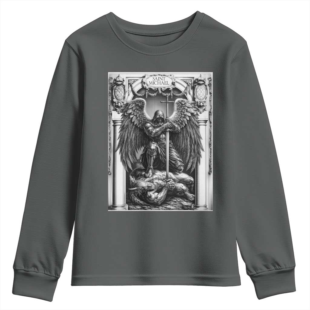 Saint Michael The Archangel Defeating Satan Youth Sweatshirt Christian Faith Gift TS12 Dark Heather Print Your Wear