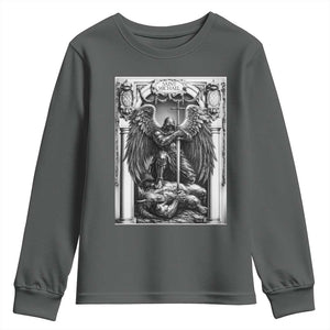 Saint Michael The Archangel Defeating Satan Youth Sweatshirt Christian Faith Gift TS12 Dark Heather Print Your Wear