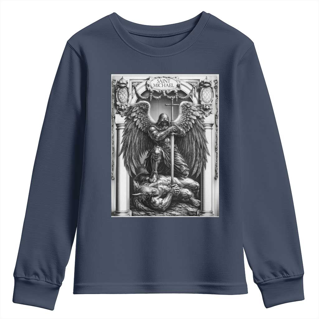 Saint Michael The Archangel Defeating Satan Youth Sweatshirt Christian Faith Gift TS12 Navy Print Your Wear