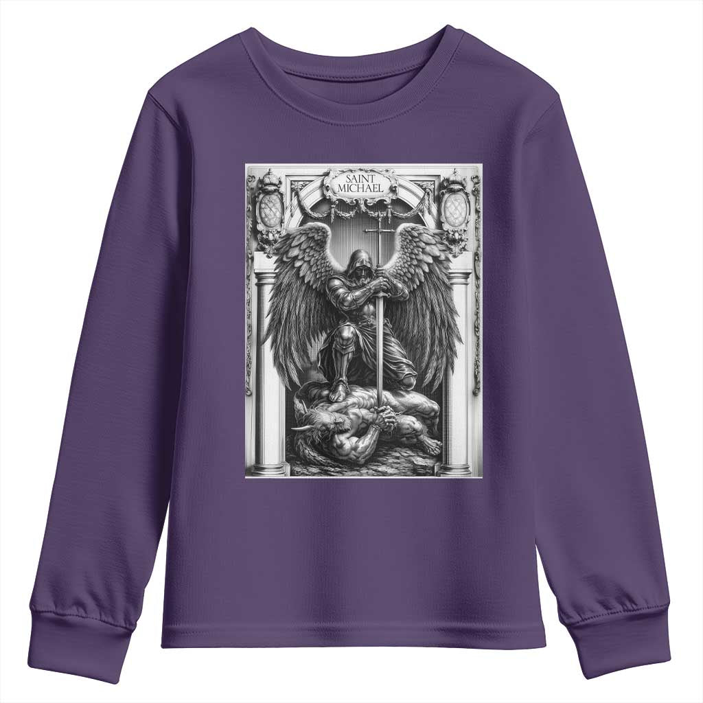 Saint Michael The Archangel Defeating Satan Youth Sweatshirt Christian Faith Gift TS12 Purple Print Your Wear