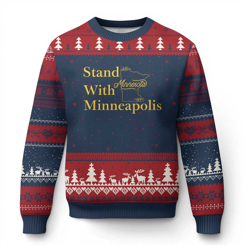 Stand With Minneapolis Ugly Christmas Sweater Community And Social Justice Gift TS12 Navy Red Print Your Wear