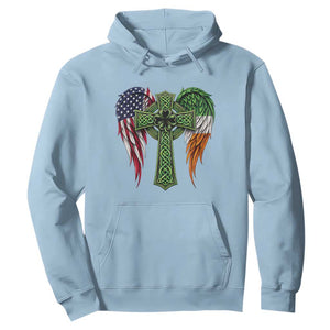 USA Flag Celtic Cross Irish American Hoodie St Patricks Day Gift TS12 Light Blue Print Your Wear