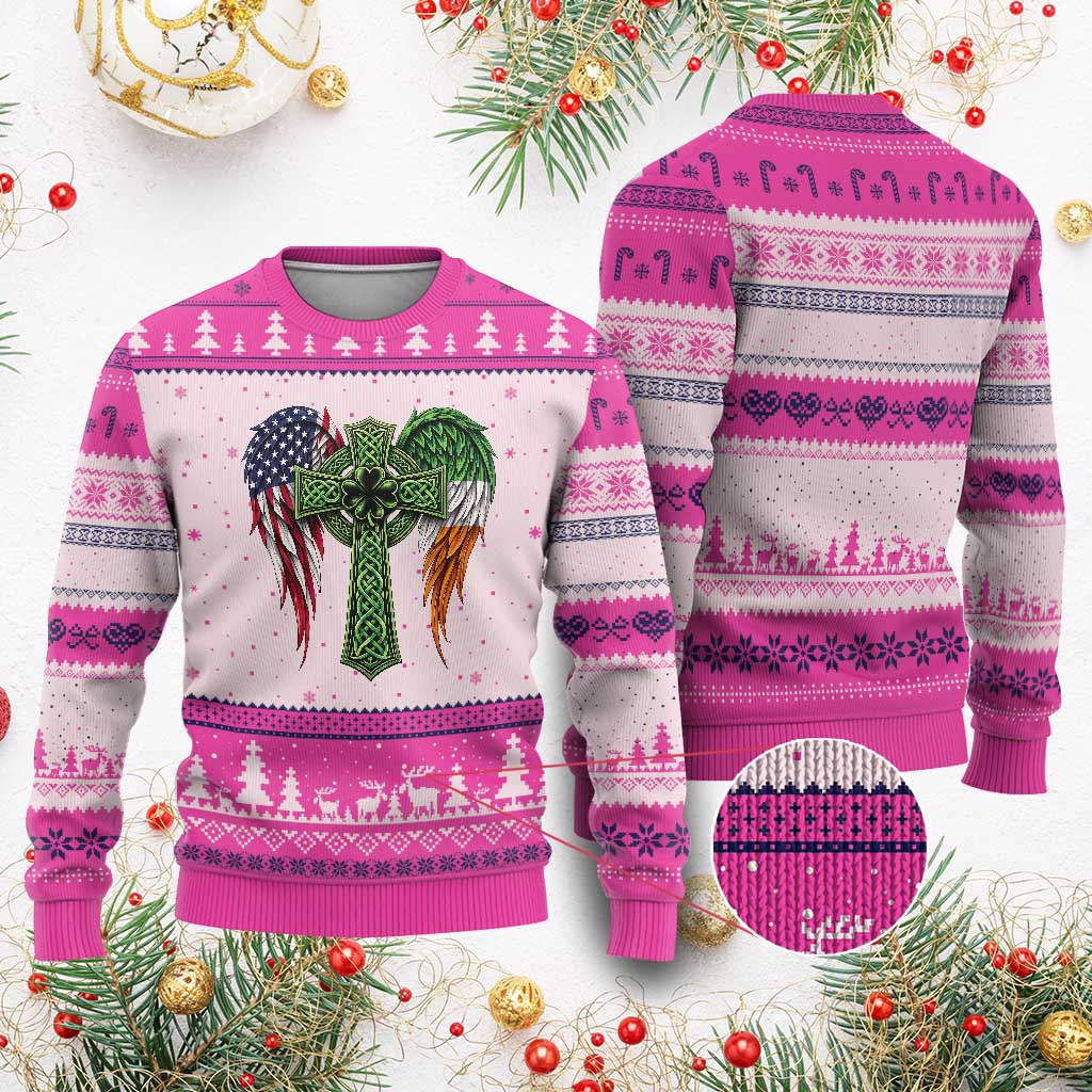 USA Flag Celtic Cross Irish American Ugly Christmas Sweater St Patricks Day Gift TS12 Hot Pink Print Your Wear