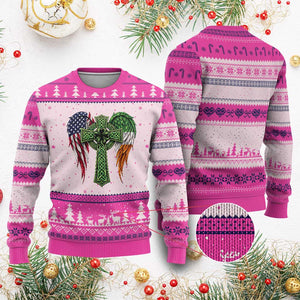 USA Flag Celtic Cross Irish American Ugly Christmas Sweater St Patricks Day Gift TS12 Hot Pink Print Your Wear