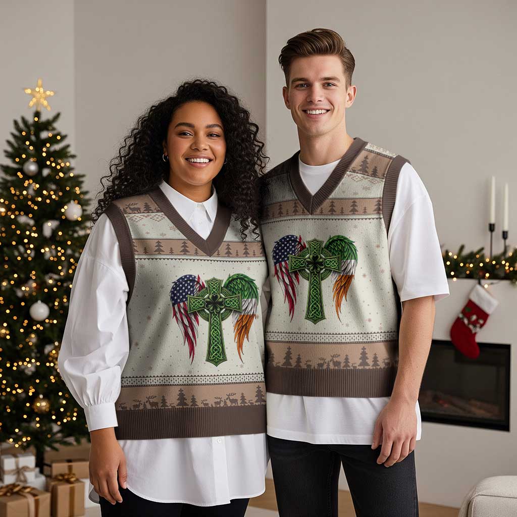 USA Flag Celtic Cross Irish American V-Neck Knit Sweater Vest St Patricks Day Gift TS12 Mocha Mousse Print Your Wear