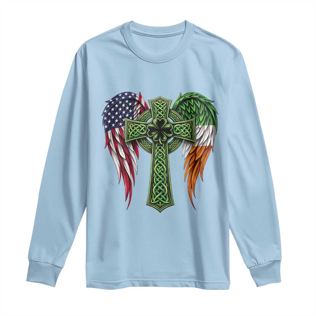 USA Flag Celtic Cross Irish American Long Sleeve Shirt St Patricks Day Gift TS12 Light Blue Print Your Wear