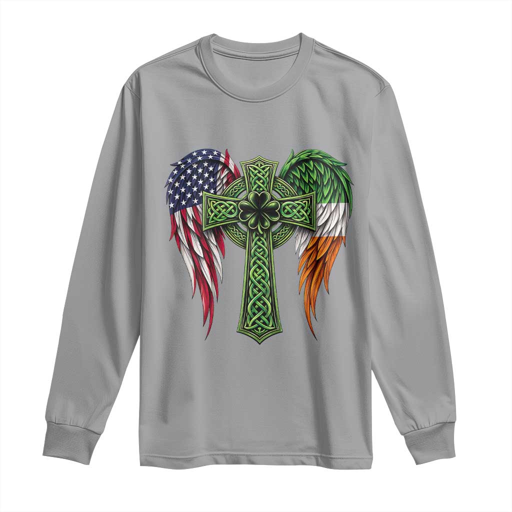 USA Flag Celtic Cross Irish American Long Sleeve Shirt St Patricks Day Gift TS12 Sport Gray Print Your Wear