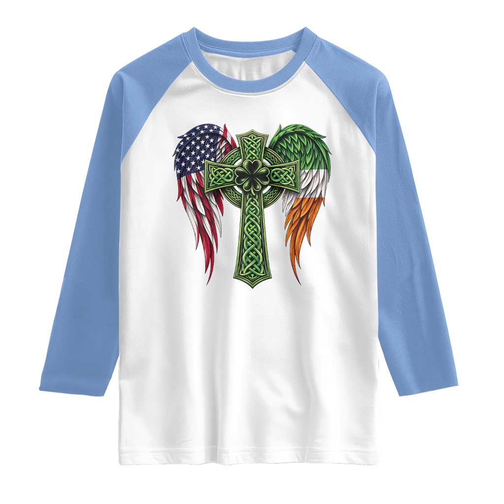 USA Flag Celtic Cross Irish American Raglan Shirt St Patricks Day Gift TS12 White Carolina Blue Print Your Wear