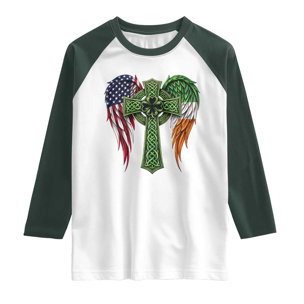 USA Flag Celtic Cross Irish American Raglan Shirt St Patricks Day Gift TS12 White Dark Forest Green Print Your Wear
