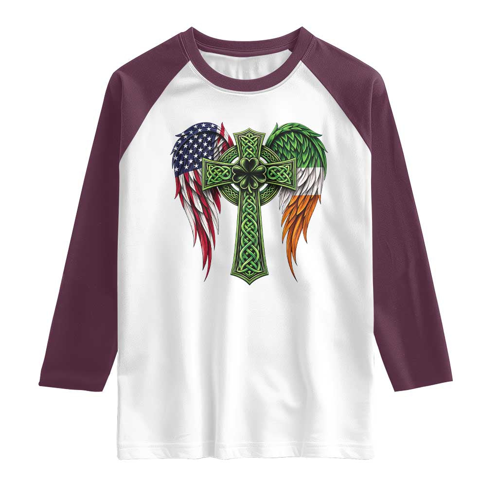 USA Flag Celtic Cross Irish American Raglan Shirt St Patricks Day Gift TS12 White Maroon Print Your Wear