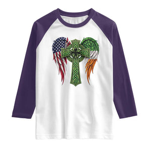 USA Flag Celtic Cross Irish American Raglan Shirt St Patricks Day Gift TS12 White Purple Print Your Wear