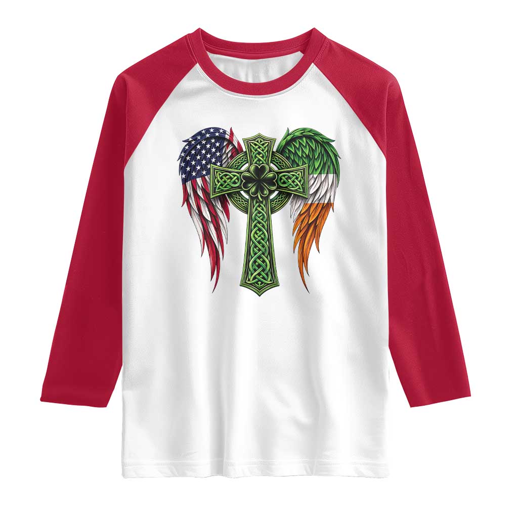 USA Flag Celtic Cross Irish American Raglan Shirt St Patricks Day Gift TS12 White Red Print Your Wear