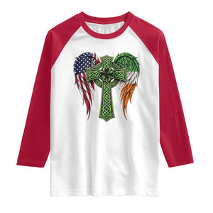 USA Flag Celtic Cross Irish American Raglan Shirt St Patricks Day Gift TS12 White Red Print Your Wear