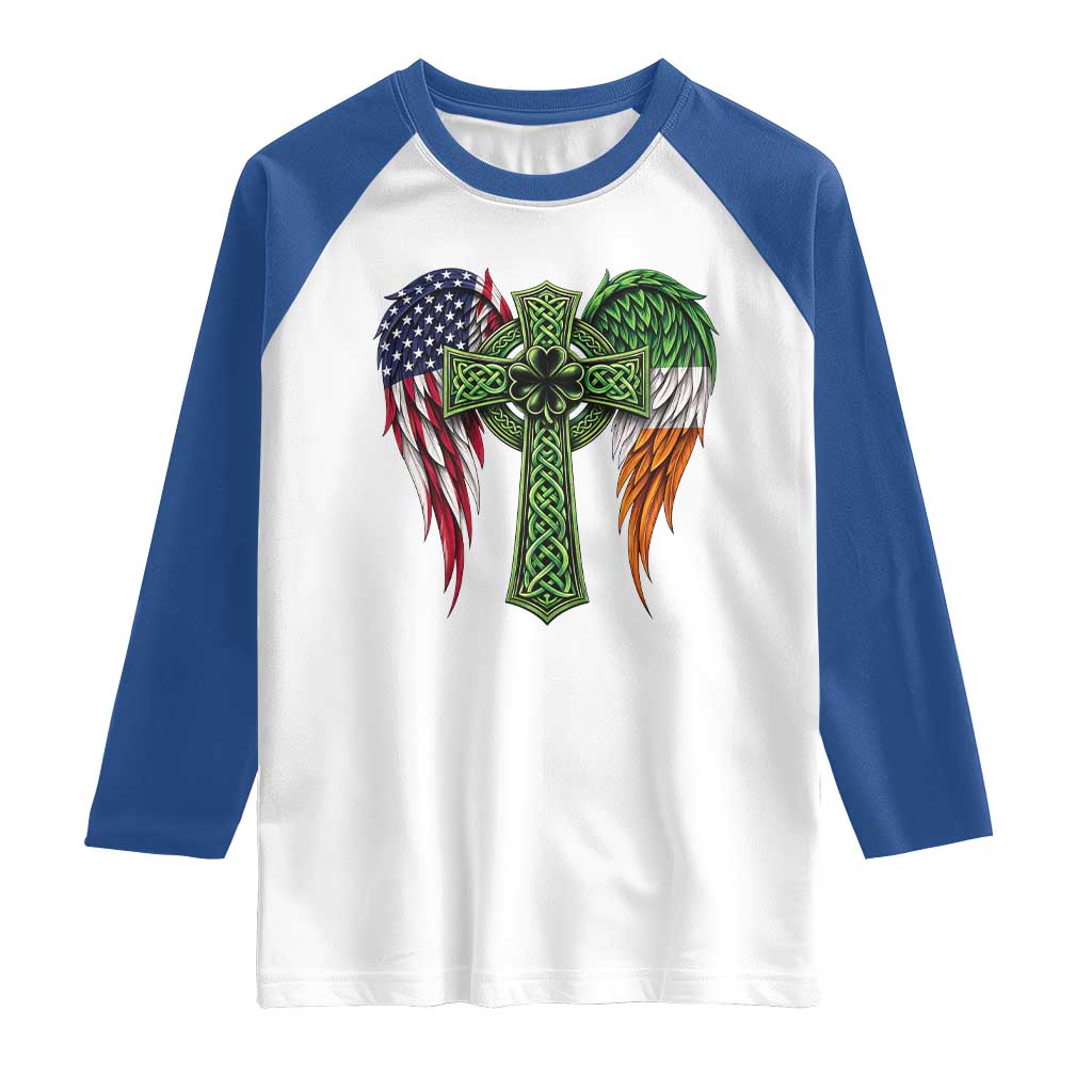 USA Flag Celtic Cross Irish American Raglan Shirt St Patricks Day Gift TS12 White Royal Print Your Wear