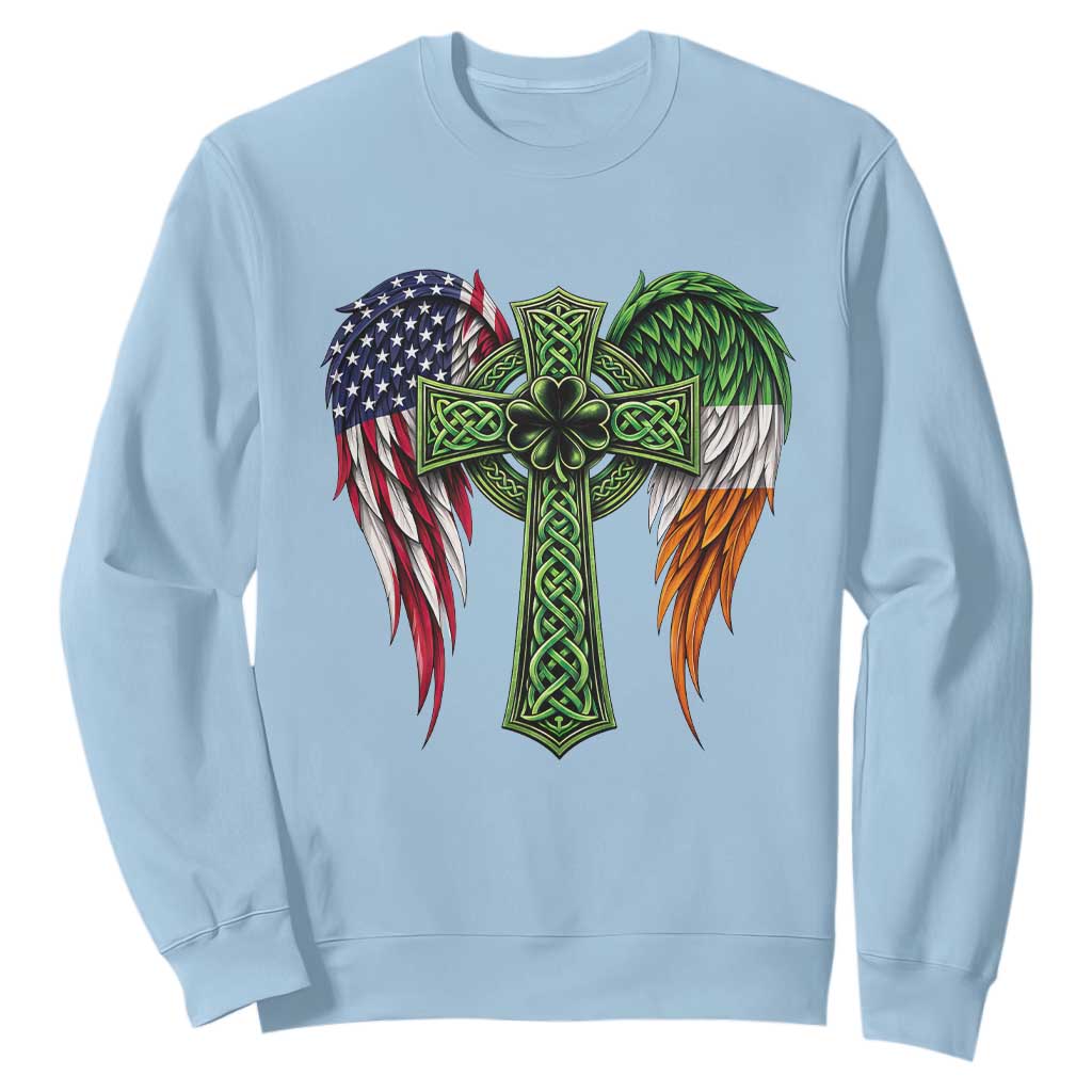 USA Flag Celtic Cross Irish American Sweatshirt St Patricks Day Gift TS12 Light Blue Print Your Wear