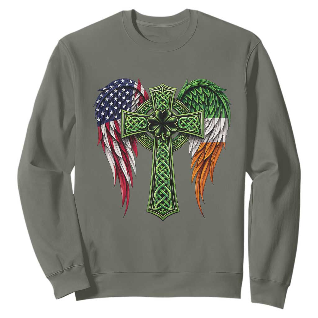 USA Flag Celtic Cross Irish American Sweatshirt St Patricks Day Gift TS12 Military Green Print Your Wear