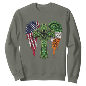 USA Flag Celtic Cross Irish American Sweatshirt St Patricks Day Gift TS12 Military Green Print Your Wear