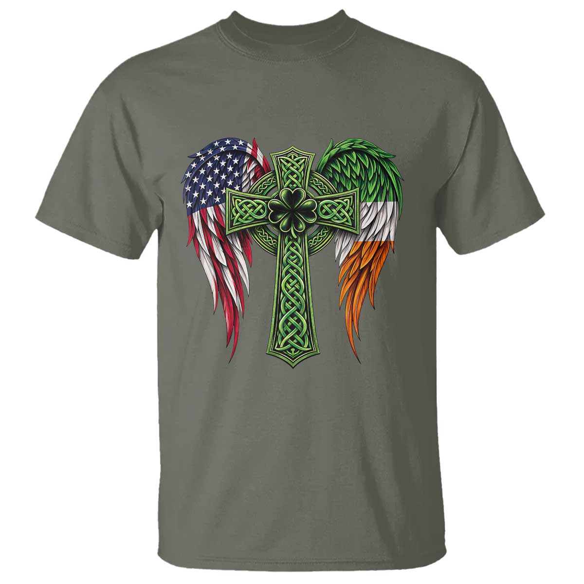 USA Flag Celtic Cross Irish American T Shirt St Patricks Day Gift TS12 Military Green Print Your Wear