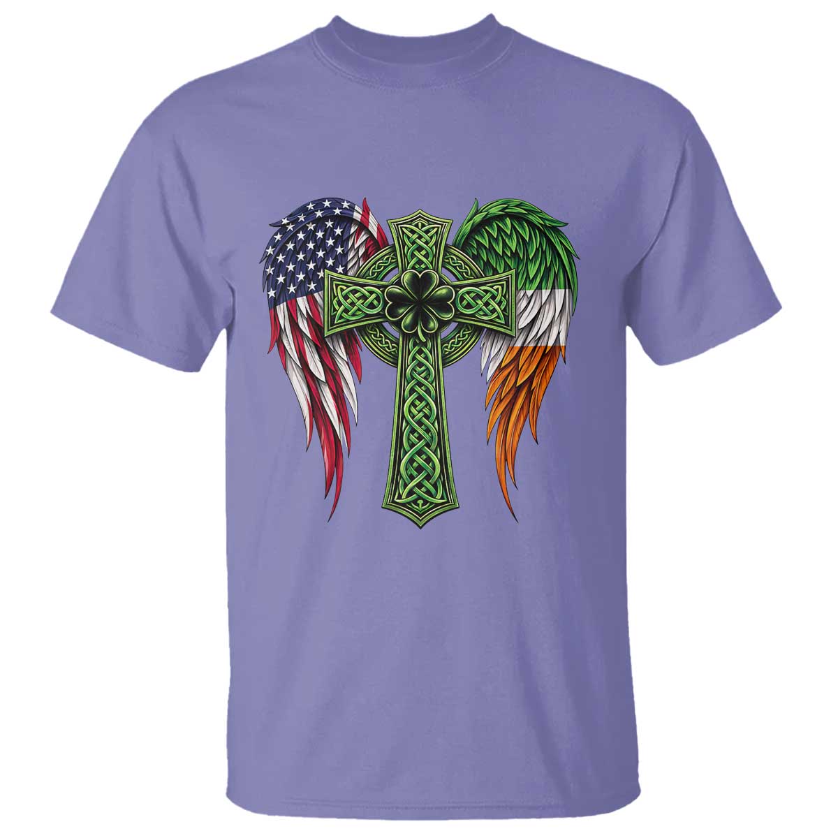 USA Flag Celtic Cross Irish American T Shirt St Patricks Day Gift TS12 Violet Print Your Wear