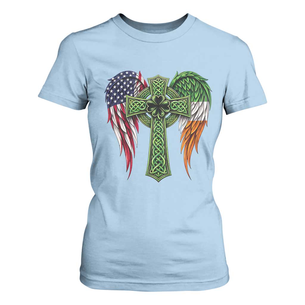USA Flag Celtic Cross Irish American T Shirt For Women St Patricks Day Gift TS12 Light Blue Print Your Wear