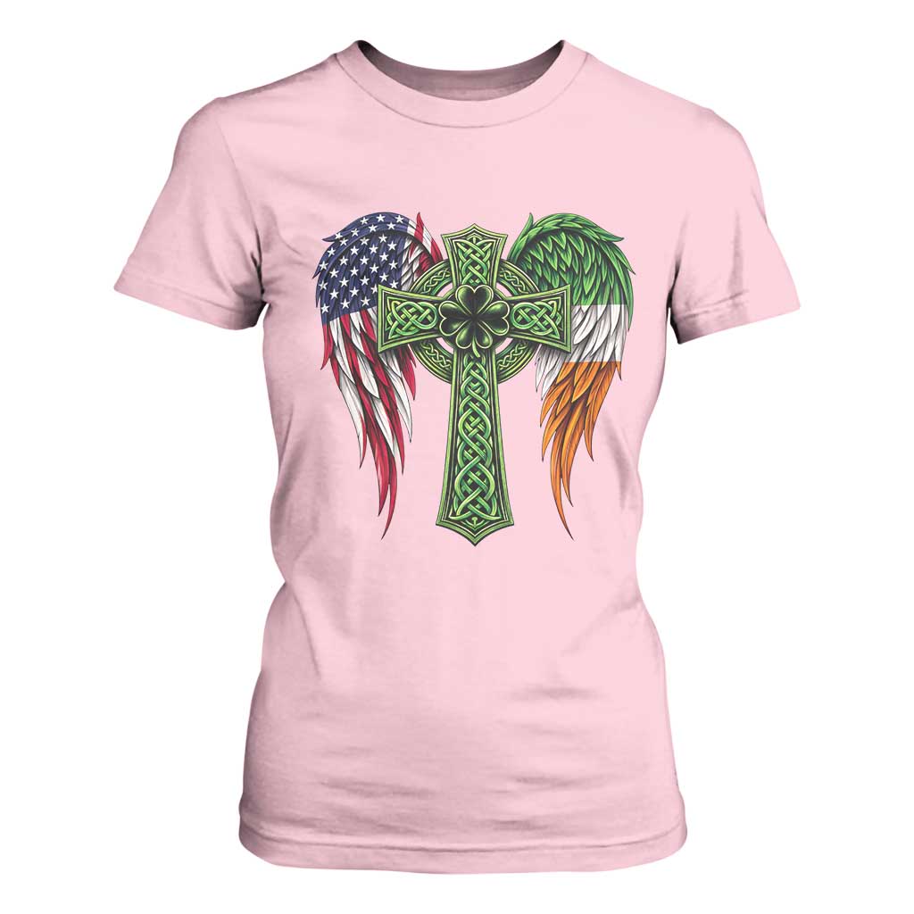 USA Flag Celtic Cross Irish American T Shirt For Women St Patricks Day Gift TS12 Light Pink Print Your Wear