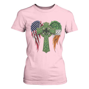 USA Flag Celtic Cross Irish American T Shirt For Women St Patricks Day Gift TS12 Light Pink Print Your Wear