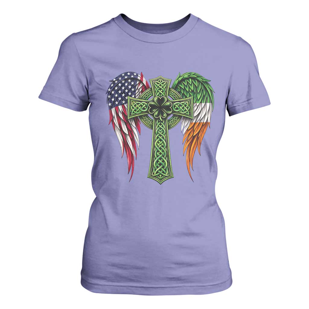 USA Flag Celtic Cross Irish American T Shirt For Women St Patricks Day Gift TS12 Violet Print Your Wear