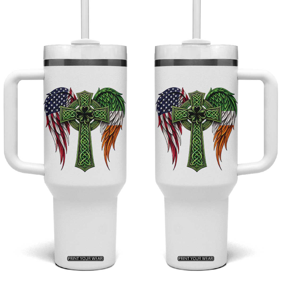 USA Flag Celtic Cross Irish American Tumbler With Handle St Patricks Day Gift TS12 One Size: 40 oz White Print Your Wear