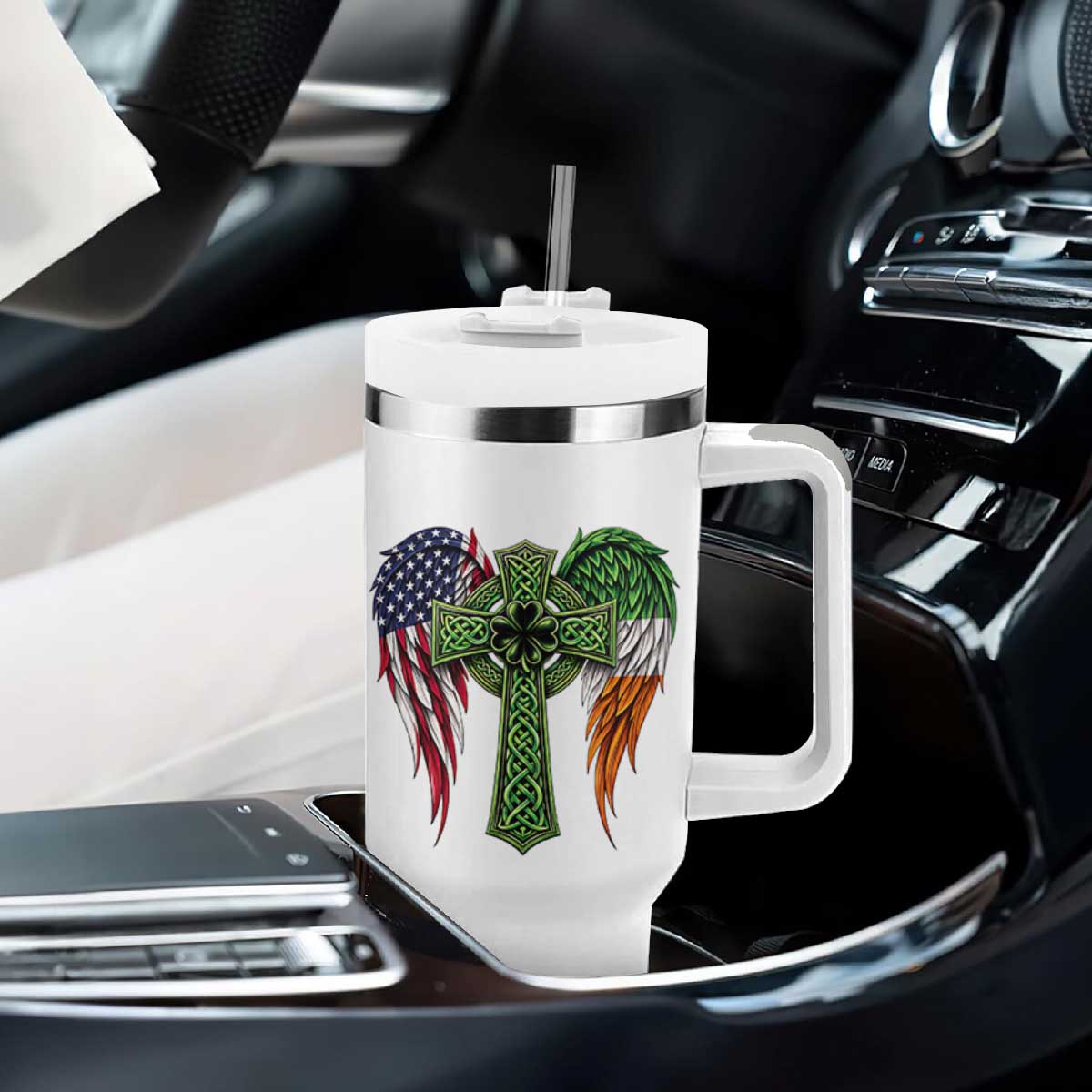 USA Flag Celtic Cross Irish American Tumbler With Handle St Patricks Day Gift TS12 Print Your Wear