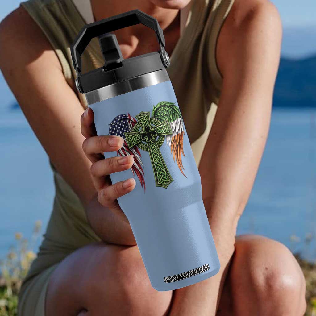USA Flag Celtic Cross Irish American Flip Straw Tumbler St Patricks Day Gift TS12 One Size: 30 oz Light Blue Print Your Wear